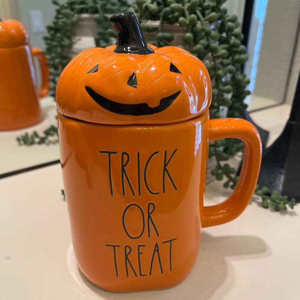 Rae Dunn Orange Pumpkin Trick or Treat Mug with Lid